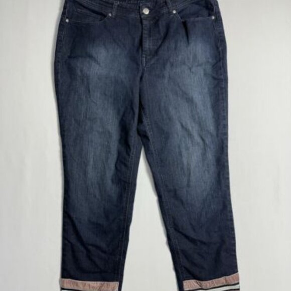 Christopher Banks Jeans Womens 14 Dark Wash Hem Embroidered Blue Denim EUC - Picture 1 of 6